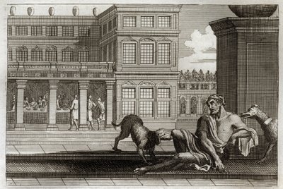 Royaumont İncil, Yeni Ahit: Kötü zenginlerin benzetmesi, arkadaki masada ve zenginlerin köpekleri yaralarını yalayan dilenci Lazarus