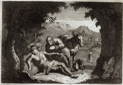 Royaumont İncil, Yeni Ahit: İyi Samiriyeli benzetmesi. Samiriyeli, zor durumdaki adamı kurtarmak için yolda durdu. 1811