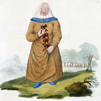 Geleneksel kostümlü bir Ostiak kabilesinin Rus kadını (Khanty veya Khante: Orta Ob vadisinin ormanlık alanında kurulan Paleosibiryalı avcılar). by Unknown artist