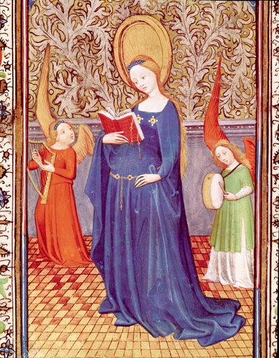 Saint Cecile, iki melek müzisyenle çevrili “Portekizli Edward I (Duarte)’nin Saatleri”nden (1391-1438) alınan Minyatür 15. yüzyıl Lizbon, Torre do Tombo by Unknown artist