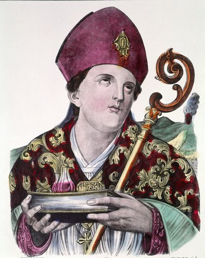 Saint Gennaro veya Saint Janvier, Napoli şehrinin hamisi, kanını içeren ampulü elinde tutuyor. 19. yüzyıldan renkli popüler baskı. by Unknown artist