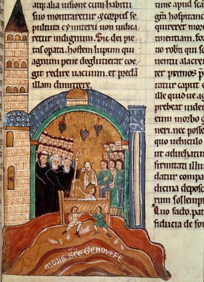 Aziz Hugues de Cluny (1024-1109), Cluny'nin Abbe'si, Paris'te ölü bir adamı kurtarır. Tarihsel ve dini bir koleksiyondan alınan minyatür by Unknown artist