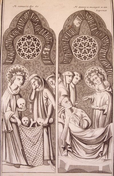Saint Louis kemikleri alır ve cüzamlılara yemek verir by Unknown artist