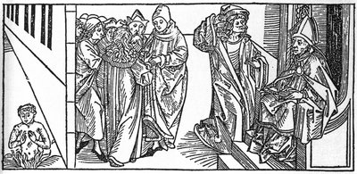 Aziz Severin. Voragine'li Jacobus (James) (1228-1298) tarafından yazılan “Azizlerin Yaşamları - yaz bölümü”nden (Azizin kitabı) gravür. Lübeck 1488. by Unknown artist