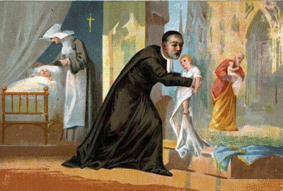Hayırseverliği ile tanınan Saint Vincent de Paul (1576-1660), çocukları bulmak için hastanenin yaratıcısı. 19. yüzyılın kromolitografisi. by Unknown artist