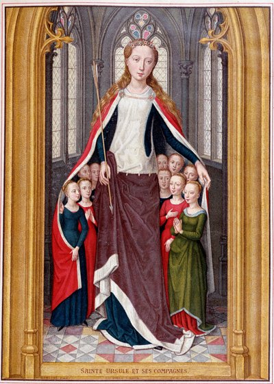 Sainte Ursula, Saint Ursula, Bruges, Memling avından sonra arkadaşlarını paltosunun altında barındırıyor. by Unknown artist