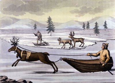Sami halkı: Kuzey ülkelerinin (Norveç, Finlandiya, İsveç ve Rusya) topraklarında yaşayan yerli halk, ren geyiği kızaklarıyla veya kayaklarla hareket eder. 19. yüzyıl gravürü by Unknown artist