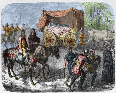 Tembel kralları betimleyen sahne: Fransa Kralı III. Thierry (673-691) öküzlerin çektiği yatağı olan bir tankta taşır. by Unknown artist