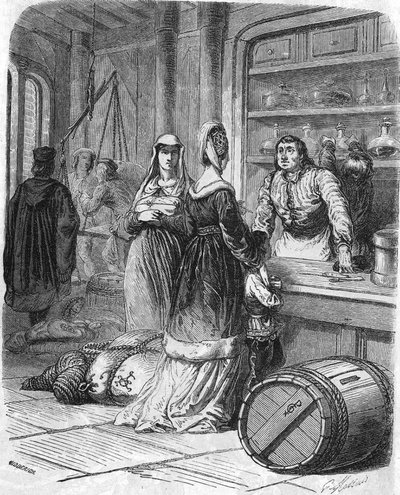 Gündelik hayatın sahnesi, 15. yüzyılda alışveriş. by Unknown artist
