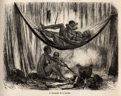 San Jose (Peru) misyonundaki Yahuas Kızılderililerinin aile hayatından bir sahne, adam bir hamakta son n