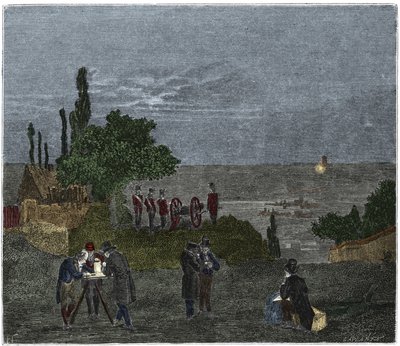 Bilimsel deney: Humboldt, Louis-Joseph Gay-Lussac (Louis Joseph Gay Lussac), Bouvard, Prony ve Mathieu tarafından ışık algısı ile bir silah atışının algılanması arasında geçen süreyi belirleyen ses hızının hesaplanması, gecede by Unknown artist