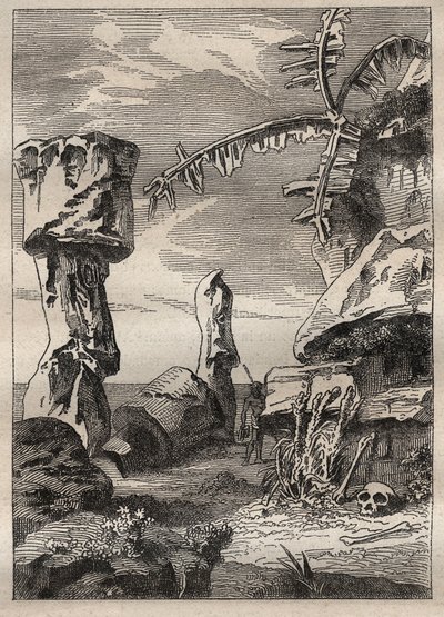 Kaptan James Cook (1728-1779) tarafından ikinci yolculuk (1772-1775): Paskalya Adası anıtları (anıtsal heykeller, moai) - "" 18. Yüzyılın Büyük Denizcileri"nden alınan resim by Unknown artist