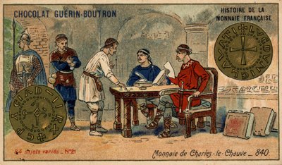 Chocolat Guérin Boutron tarafından yayınlanan Fransız Para Biriminin Seri Tarihi. 19. yüzyıl kromolitografisi. 840 yılında Kel Charles madeni parası by Unknown artist