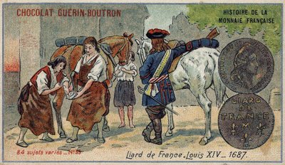 Chocolat Guérin Boutron tarafından yayınlanan Fransız Para Biriminin Seri Tarihi. 19. yüzyıl kromolitografisi. Fransa konumundan Liard. 1687 yılında Louis XIV by Unknown artist