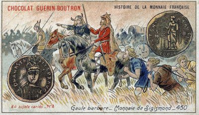 Chocolat Guérin Boutron tarafından yayınlanan Fransız Para Biriminin Seri Tarihi. 19. yüzyıl kromolitografisi. Barbar Galyalı. Sigismond para birimi. by Unknown artist