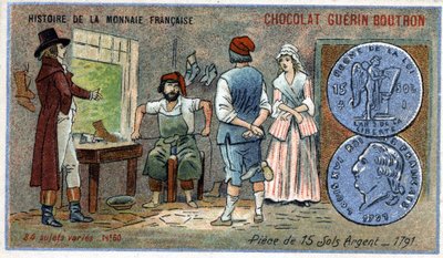 Chocolat Guérin Boutron tarafından yayınlanan Fransız Para Biriminin Seri Tarihi. 19. yüzyıl kromolitografisi. 1791