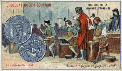 Chocolat Guérin Boutron tarafından yayınlanan Fransız Para Biriminin Seri Tarihi. 19. yüzyıl kromolitografisi. Louis XII