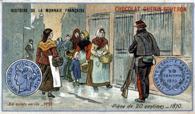Chocolat Guérin Boutron tarafından yayınlanan Fransız Para Biriminin Seri Tarihi. 19. yüzyıl kromolitografisi. 1870 yılında 20 centimes madeni para by Unknown artist