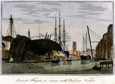 Gemi gövdede vuruldu. Gövdesi cephanelikte tamir edilen Venedik fregatı. 19. yüzyılın gravürü. by Unknown artist