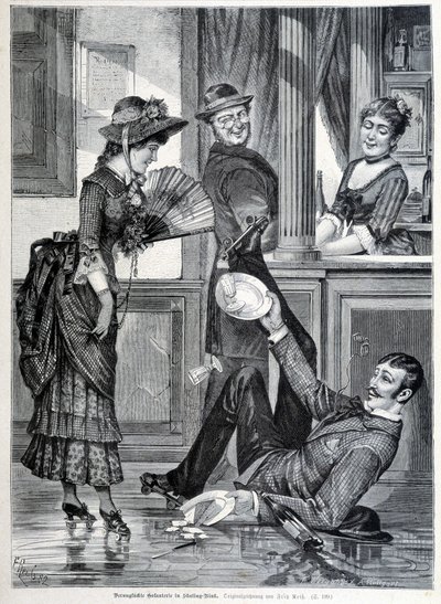 Bir bira fabrikasında paten sahnesi. Bir çocuk düşerek üzerindeki tabakları kırar (1883). by Unknown artist