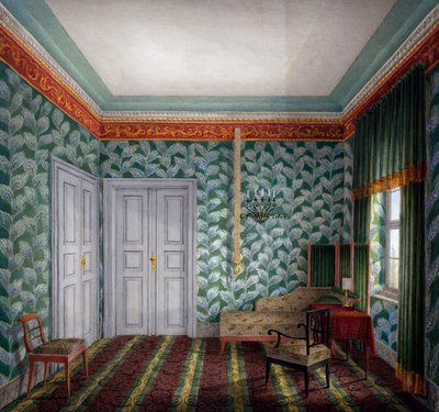 Yeşil duvar kağıdı ve yeşillik ile küçük gün odası by Unknown artist