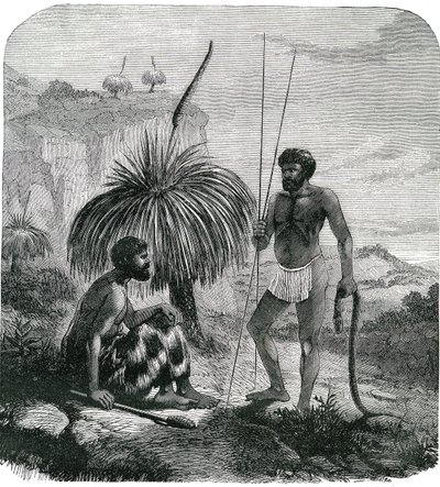 Avustralya'da yılan avcıları. Gravür 1868 by Unknown artist
