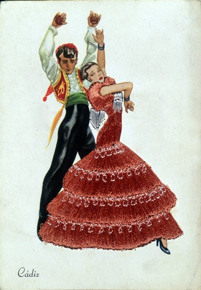 Geleneksel giysiler içinde İspanyol Flamenko dansçıları. by Unknown artist