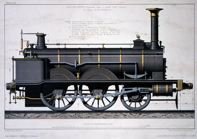 Mulhouse Demiryolunun buharlı lokomotifi - yıkamada çizim by Unknown artist
