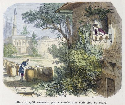 Masal: “” mallarının düzenli olduğundan emin olduğuna inanıyordu”” - “” Binbir Gece Masalları”, ed. Md Bondet tarafından anlatılan Emile Guérin, Paris, n.d. by Unknown artist
