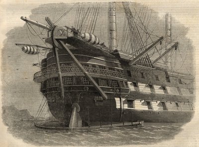 Telgraf: H.M.S. gemisinin kıç tarafının görünümü İlk transatlantik kabloyu döşeyecek olan “Agamemnon”. 5 Haziran tarihli “” The Illustrated London News” “de Gravür by Unknown artist