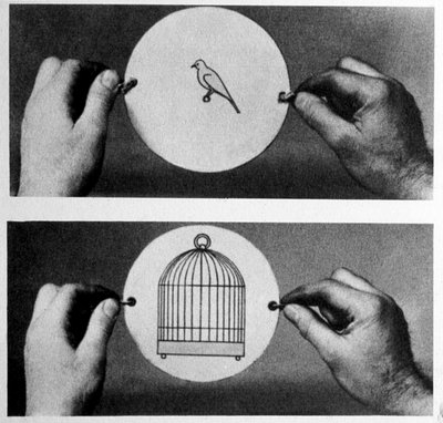 Thaumatrope: 1825'te John Ayrton Paris, sihirli diski taumatrope'u (mucize çark) pazarladı, bir tarafta boş bir kafes çizilir, diğer tarafta bir kuş, disk bir iple tutulur. Onu çevirerek, kuşun kafeste olduğu yanılsamasını elde ederiz. by Unknown artist