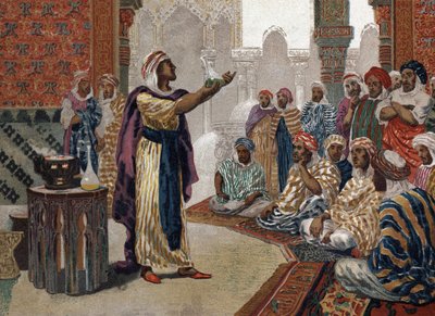 Arap simyacı Geber (Jâbir ibn Hayyan) (v721-v815), kimyayı geliştiriyor. Barselona 1881 by Unknown artist