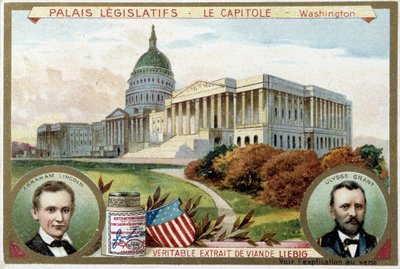 Capitol, Amerikan Kongre Sarayı, Washington (ABD), Abraham Lincoln (1809-1865) ve Ulysses Grant (1822-1885) portreleriyle - Liebig kromolitografisi by Unknown artist