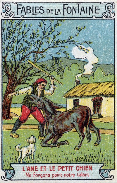 Eşek ve Küçük Köpek - Masallar, Jean de La Fontaine (1621-95) 19. yüzyıl sonu kromolitografisi Özel koleksiyon by Unknown artist
