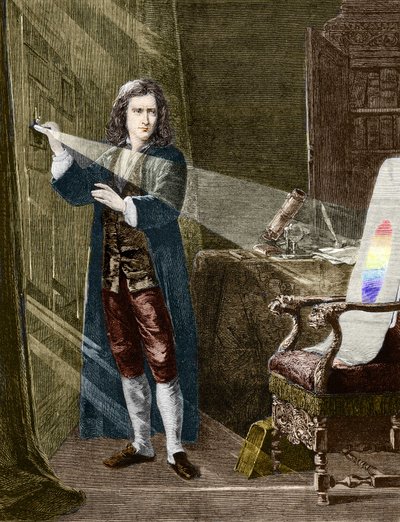 İngiliz fizikçi Isaac Newton (1642-1727), ışığı bir cam prizma ile ayrıştırıyor. 1880