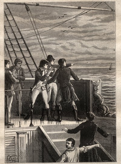 Güney Topraklarına Sefer (1800-1803) tarafından Nicolas Baudin (1754-1803): New Holland (Avustralya) açıklarındaki denizciler ufukta bir peçe olduğunu bildiriyor - "18. Yüzyılın Büyük Denizcileri"nden alınan çizim by Unknown artist