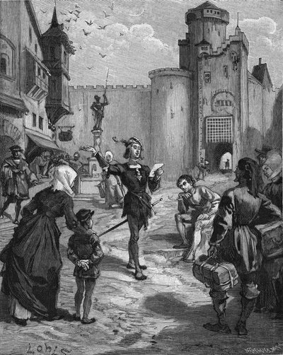 Alman şövalye, şair ve hümanist Ulrich von Hutten (1488-1523) bir şiirini sokakta haykırıyor. 19. yüzyılın gravürü. Jules Michelet