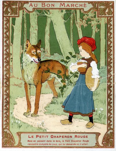 Kırmızı Başlıklı Kız kurtla buluşuyor - Bon Marché reklam etiketi by Unknown artist