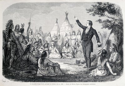 Mormon Peygamber Joseph Smith, Kızılderililere (Kuzey Amerika) vaaz veriyor. 19. yüzyıl illüstrasyonu. by Unknown artist