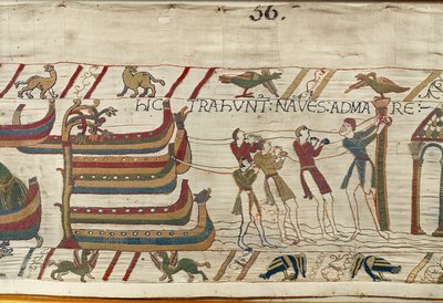 Normanlar gemilerini denize çekiyor, Bayeux Goblen (keten üzerine yün işlemesi) by Unknown artist