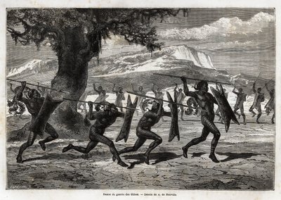 Obbos (Uganda kabilesi) bir savaş dansı yapıyor. Edouard Charton yönetiminde yayınlanan “Le tour du monde, nouveau dergi des voyages” da Sir Samuel White Baker tarafından 1861-1864 yıllarında Albert Gölü gezisinin gösterimi için gravür by Unknown artist