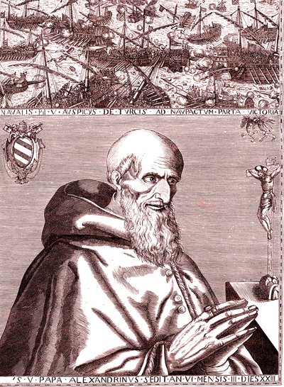 Papa Pius V, Ekim 1571'de İnebahtı savaşında Türklere karşı İspanyol filosu ve Venedik İtalyan filosuyla ittifak yaptı. by Unknown artist