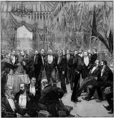 Süveyş ziyafeti dünyanın en önemli finansörlerini bir araya getirdi (Uluslararası Komisyon üyelerinin toplantısı). "" Şanlı Dünya" da gravür by Unknown artist