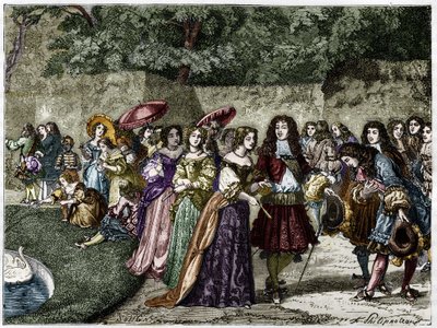 Güneş Kralı (Louis XIV, Versailles bahçelerinde avlusunu çevreler). 19. yüzyılın gravürü. by Unknown artist