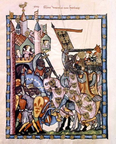 İsviçreli şair ve şövalye Graf Werner von Homberg (1284-1320), İmparator Henry VII'nin hizmetinde, Sicilya'nın Angevine birlikleri tarafından savunulan bir kaleyi kuşattı. Bir el yazması olan Codex “Manesse” veya “Manessesche Liederhandschrift”in m by Unknown artist