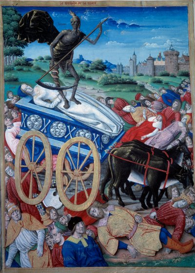 Ölümün Zaferi. Ölümün alegorik temsili, bir aksama üzerinde sahte, cesetler yerde yatar. Petrarch