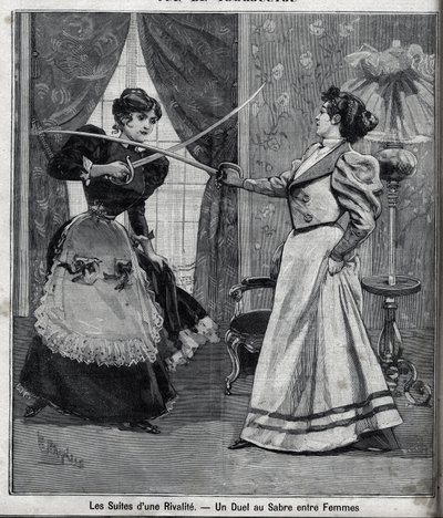 Bir rekabetin ardından: kadınlar arasında bir kılıç düellosu. “” Le Parisien” de gravür by Unknown artist