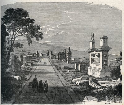 Appia üzerinden Roma yakınlarındaki pontin bataklıklarını (Agro pontino) geçen antik Appia yolu. 19. yüzyılın gravürü. by Unknown artist