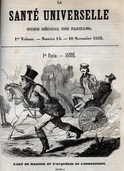Kilo verme ve fazla kilolu olma sanatı: bir adam yürürken diğeri bir arabada taşınır - “La Sante Universelle - Guide Medical des Familles” 1852