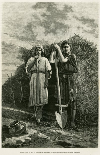 Bir beche sahibi olan bildarlar, Karoun bölgesindeki buğday tarlalarının kanalizasyonunu kazmakla suçlanıyor. Jane Delafoy (1851-1916), akademi görevlisi, le tour du monde 1886, direc tarafından yazılan La Perse, la Chaldee et la Susiane hikayesini gösterm by Unknown artist